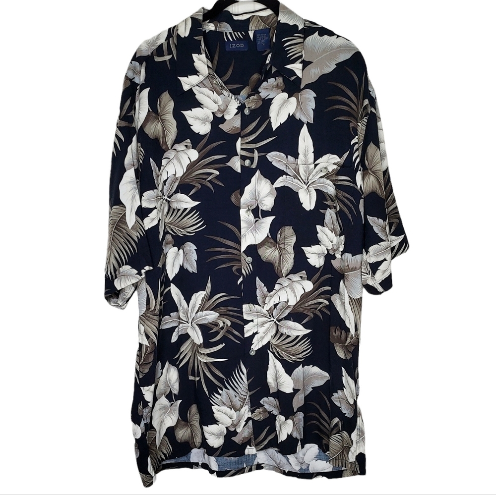 VTG Izod Men L Button Down Hawaiian Leaf Print Resortwear  Cruise Tropical Shirt